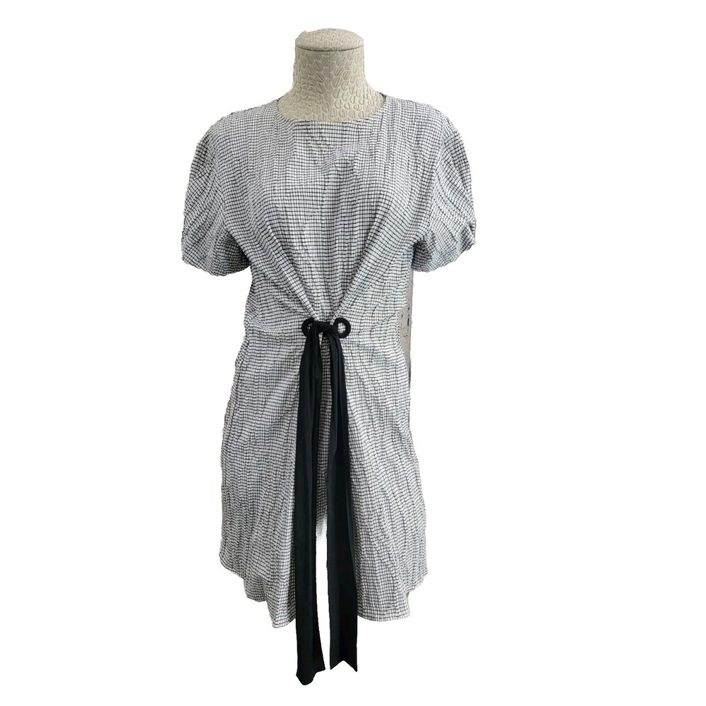 ZARA Womens XS Basic Black White Plaid Tie Front Summer Knee-Length Dress EUC‎